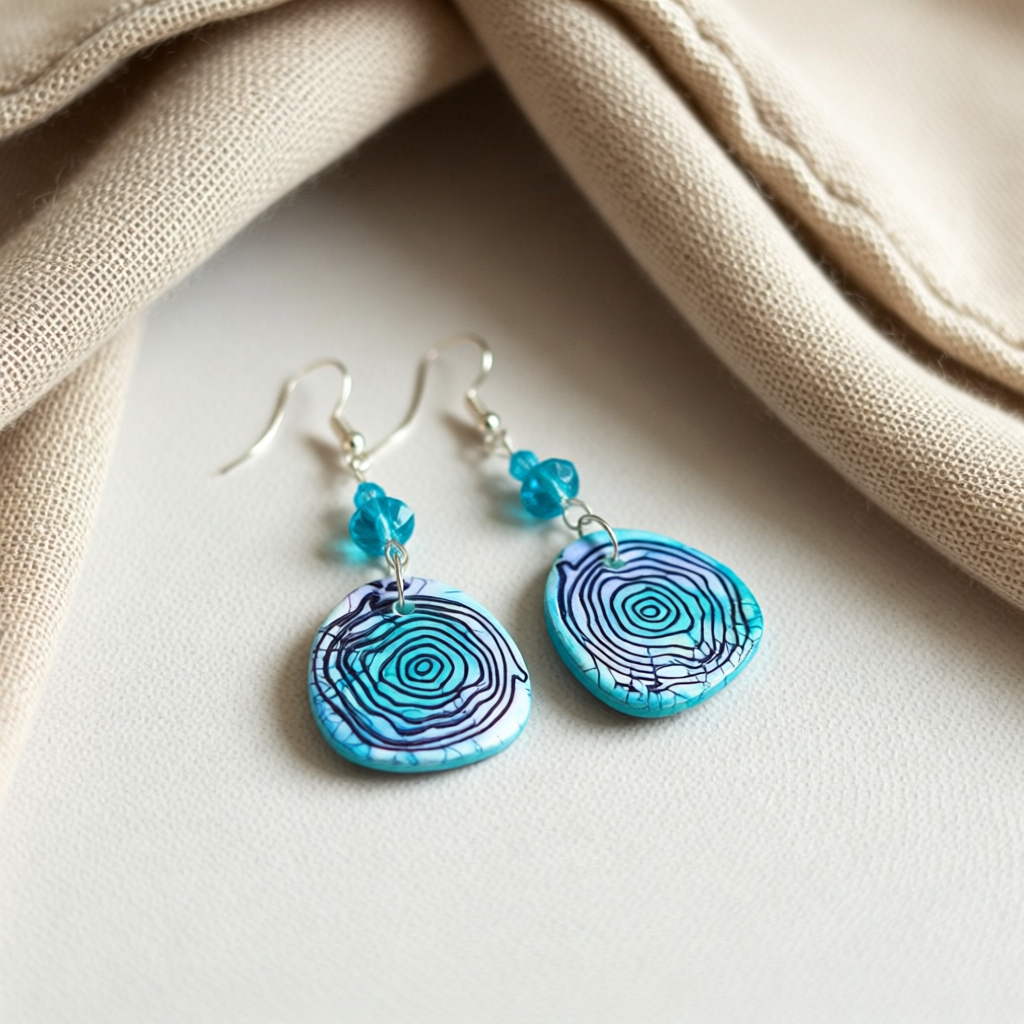 Polymer Clay Earrings – Hand-Painted Blue Swirls