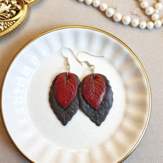 Polymer Clay Leaf Earrings – Black and Red