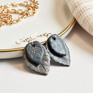 Polymer Clay Leaf Earrings – Dark Silver