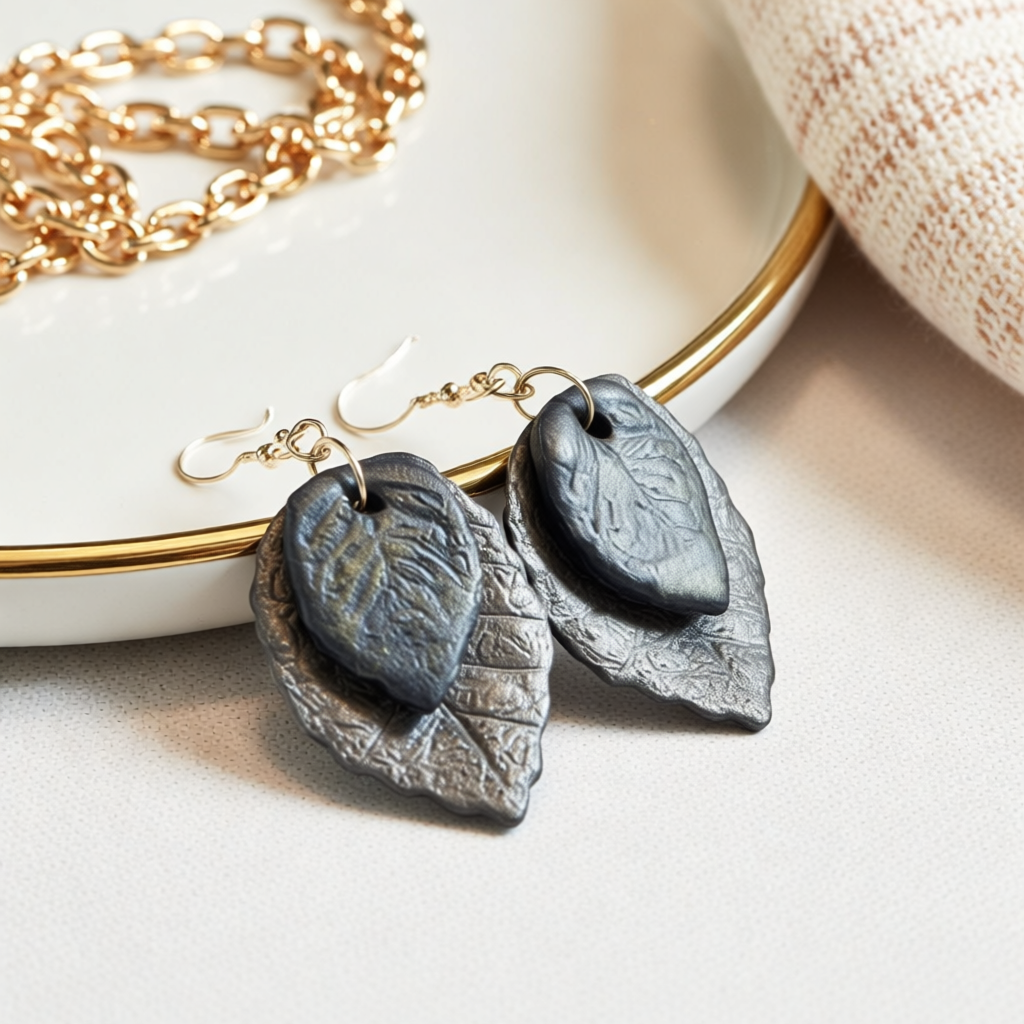 Polymer Clay Leaf Earrings – Dark Silver