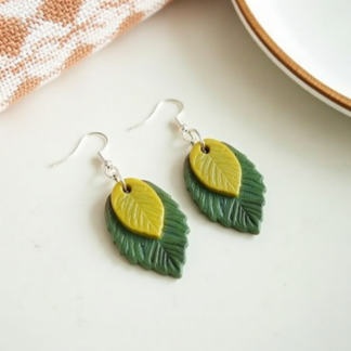 Polymer Clay Leaf Earrings – Green and Yellow