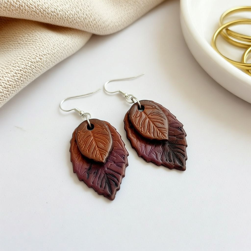 Polymer Clay Leaf Earrings – Purple Bronze
