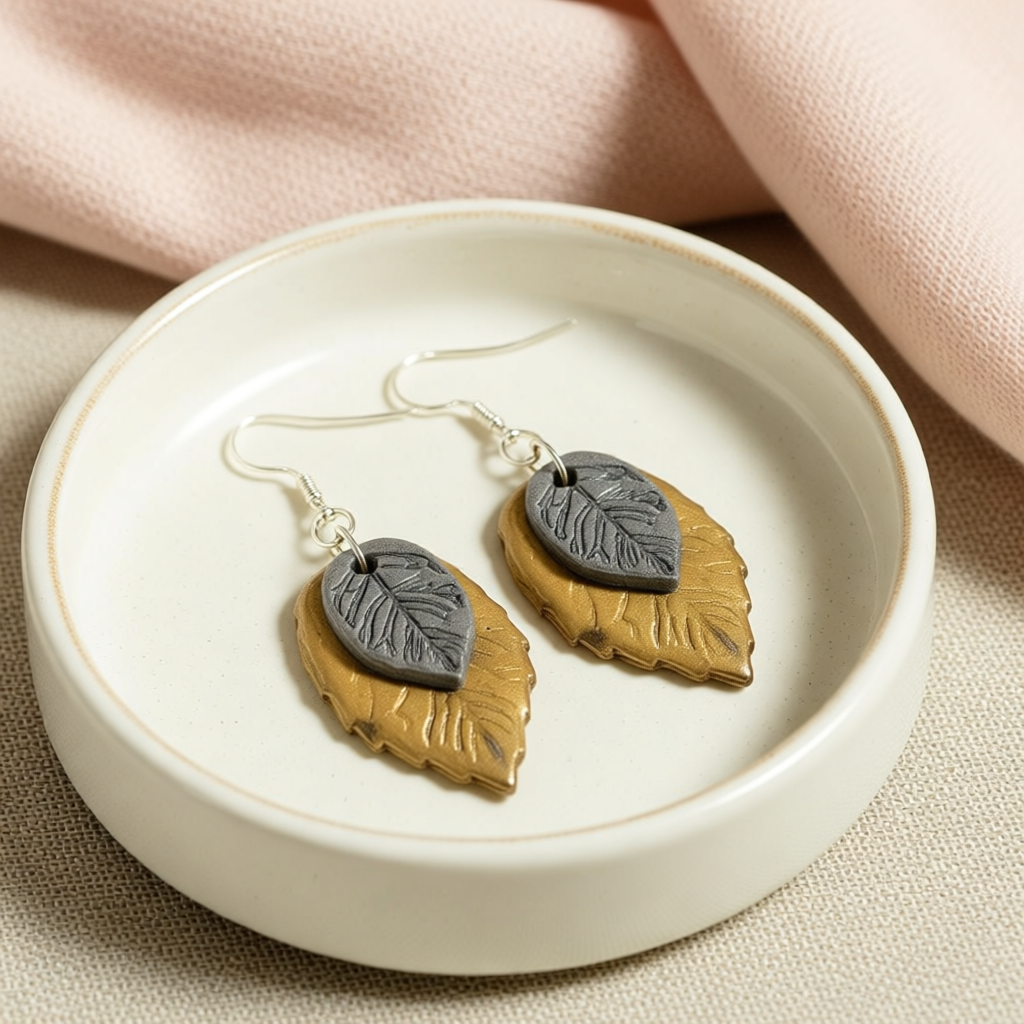 Polymer Clay Leaf Earrings – Silver and Gold