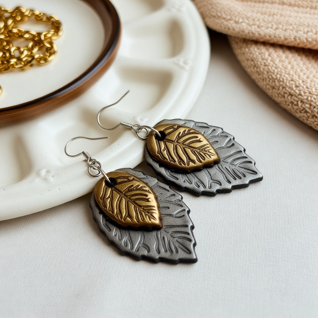 Polymer Clay Leaf Earrings – Silver and Gold