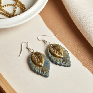 Polymer Clay Leaf Earrings – Turquoise and Gold
