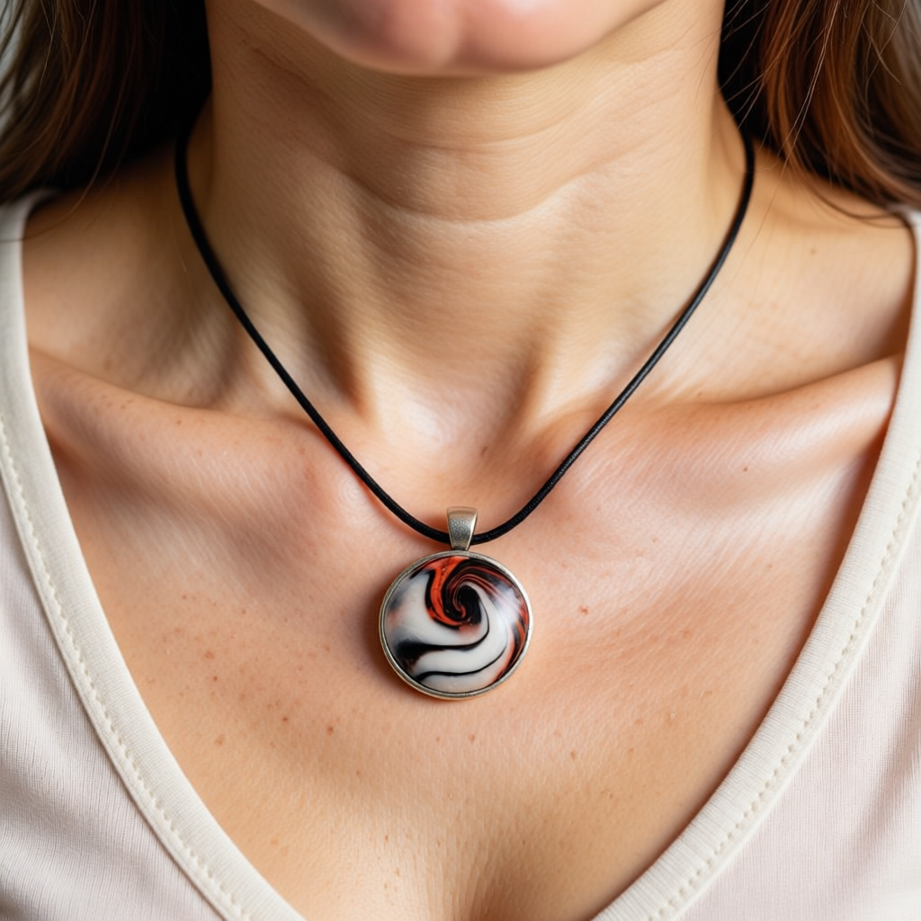 Polymer Clay Metal Bezel – Red White Black Swirls