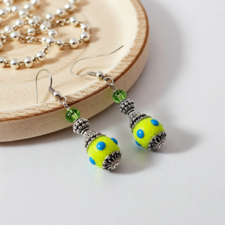 Unique Handcrafted Bali Bead Green Polka Dot Dangle Earrings