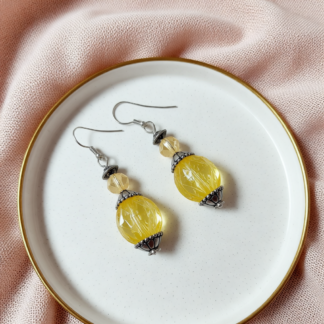 Whimsical Yellow Genie Bottle Beaded Dangle Earrings – Handcrafted Polymer Clay