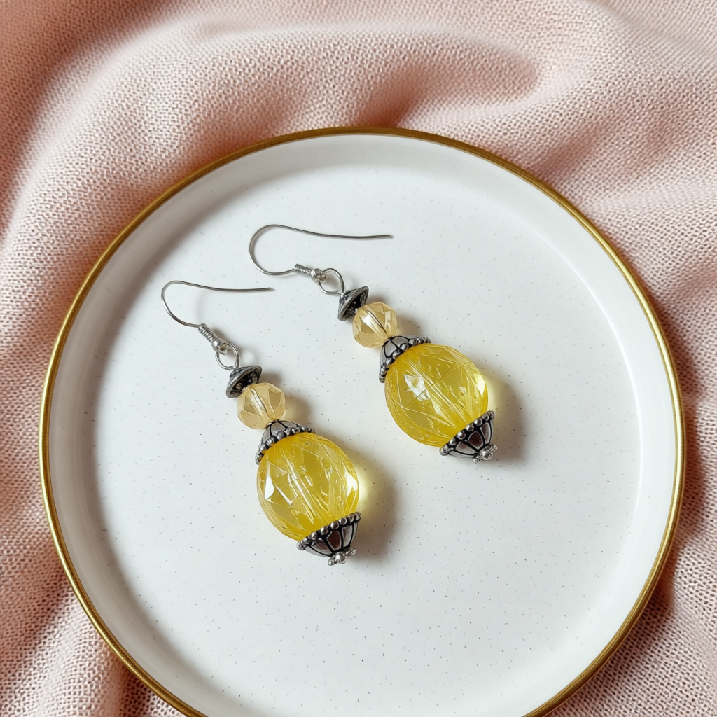 Whimsical Yellow Genie Bottle Beaded Dangle Earrings – Handcrafted Polymer Clay