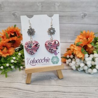 Polymer Clay Heart Earrings Pink Floral With Metal Embelishment