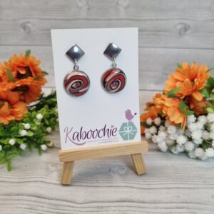Polymer Clay Silver Bezel Earrings - Red Swirl
