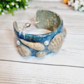 Hand Sculpted Polymer Clay Cuff Bracelet - Seashells