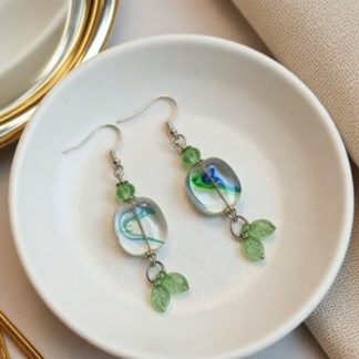 Delicate Green Leaf Beaded Dangle Earrings – Handcrafted Nature-Inspired Style