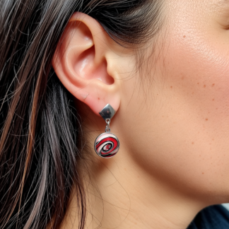 Distinct Red Swirl Polymer Clay Earrings – Silver Bezel to Elevate Your Look