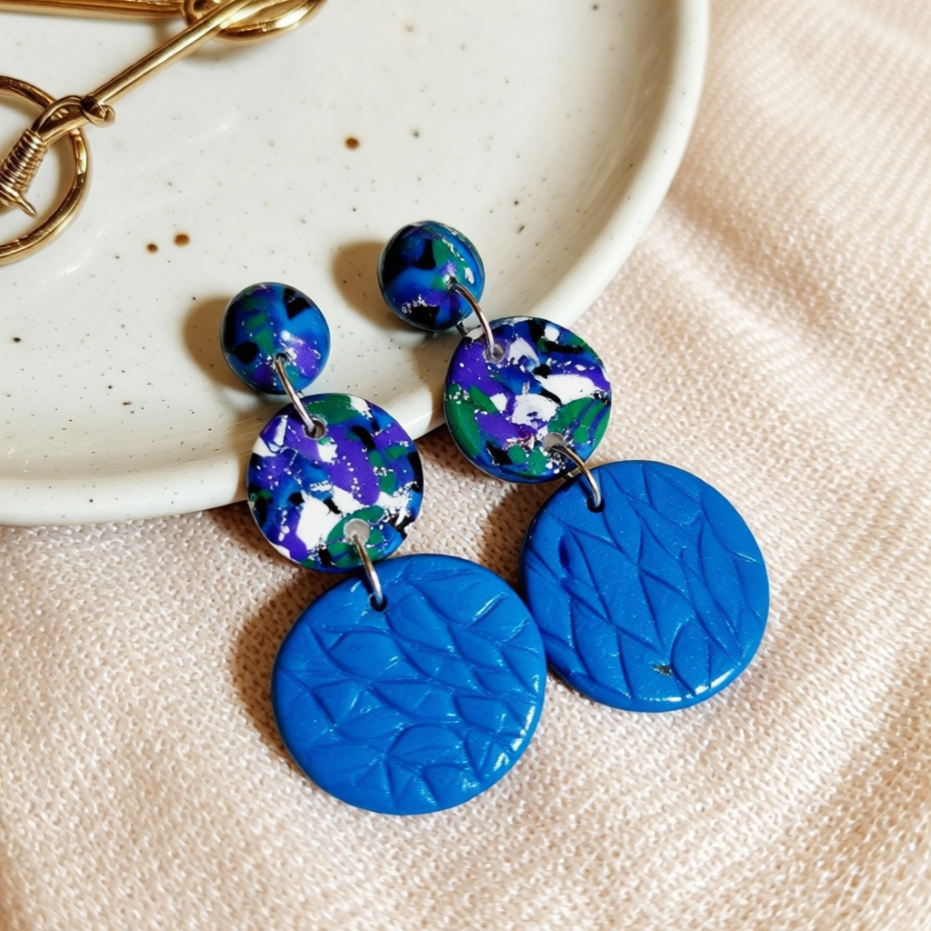 Enhance Style: Blue Polymer Clay Studs Trio with Distinct Designs