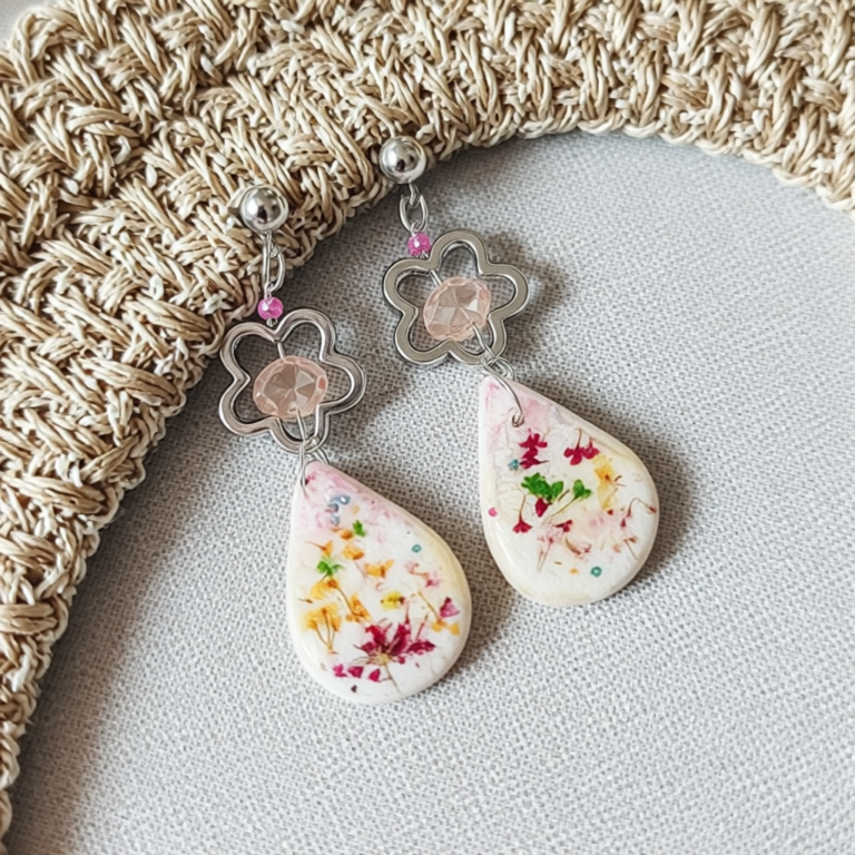Real Flower Drop Stud Earrings