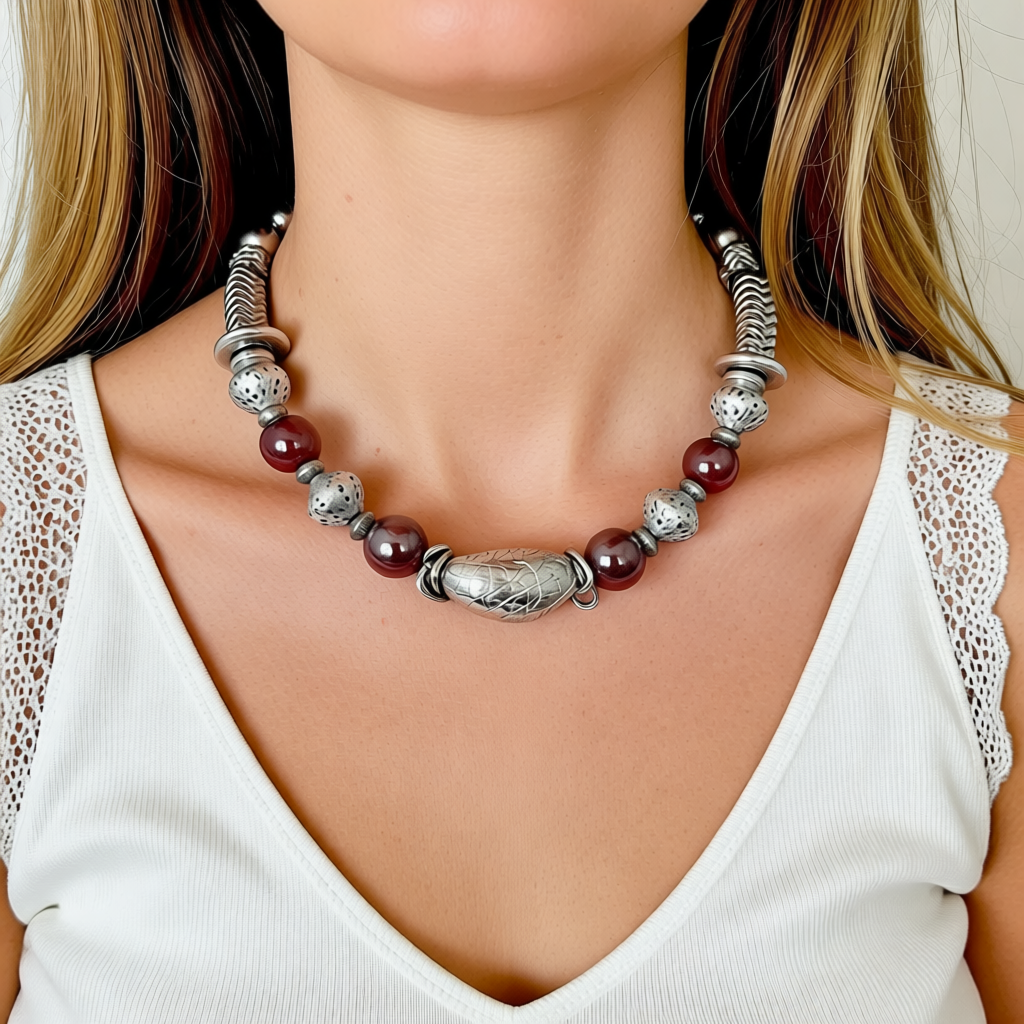 Handmade Red and Silver Beaded Choker Necklace, Statement Artisan Jewellery