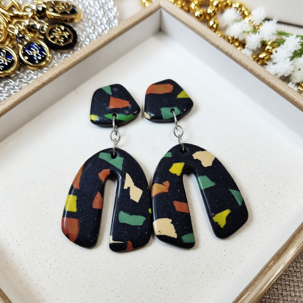 Lightweight Comfort Camo Terrazzo Polymer Clay Arch Earrings – Handcrafted