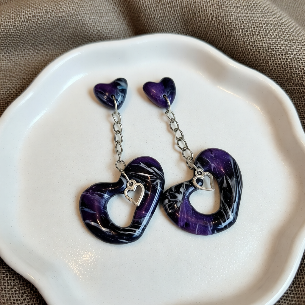 Lightweight Polymer Clay Heart Earrings – Resin Sealed for Lasting Charm