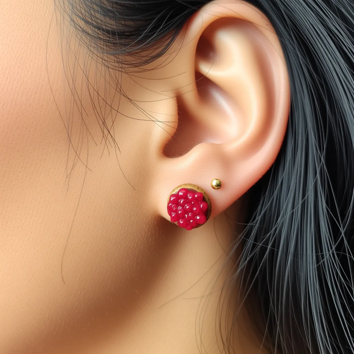Miniature Cherry Pie Design Novelty Studs – Handcrafted from Polymer Clay