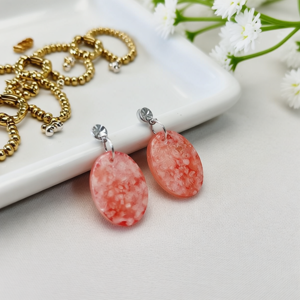 Natural Pink Himalayan Salt Earrings – Handmade resin oval shape