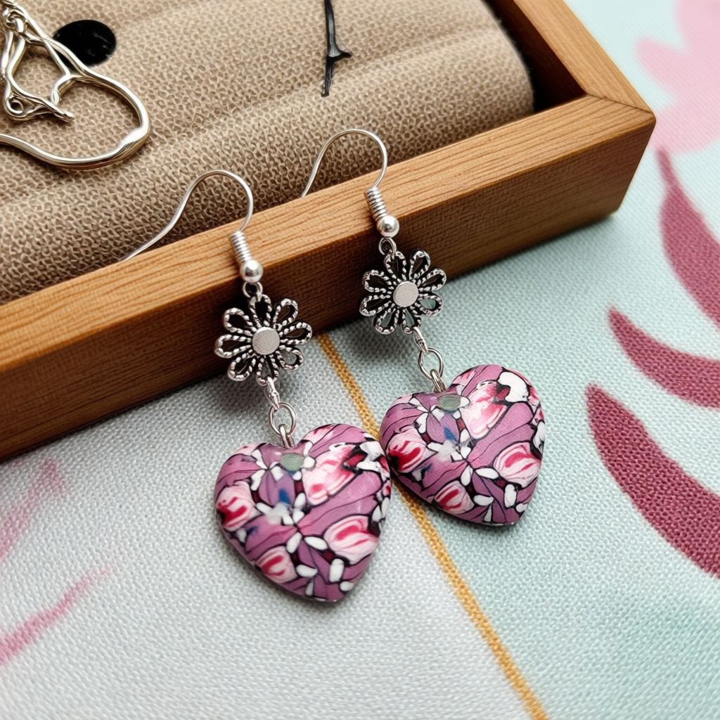 Pink Floral Polymer Clay Heart Earrings with Metal Accents