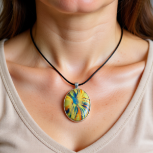 Polymer Clay Metal Bezel Pendant Necklace Rainbow Striations