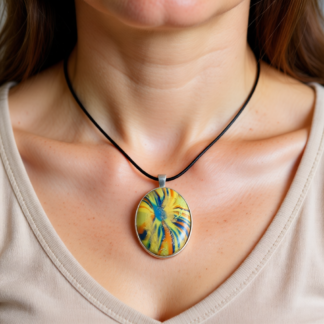 Polymer Clay Metal Bezel Pendant Necklace Rainbow Striations