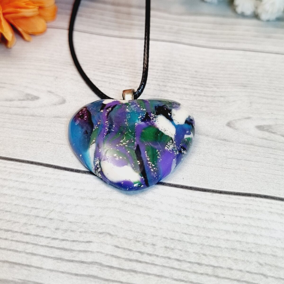 Midnight Galaxy Heart Pendant Necklaces Black Polymer Clay Pendant Galaxy Heart