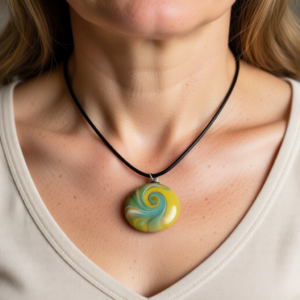 Polymer Clay Pendant – Green and Gold Swirl