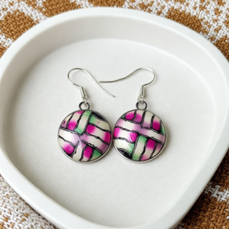 Unique Polymer Clay Earrings: Herringbone Pattern in Silver Bezel