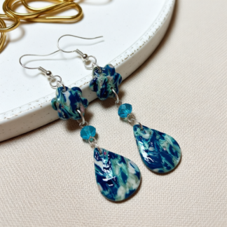 Vibrant Polymer Clay Artisanal Blue Dangle Earrings with Crystal Accent Beads