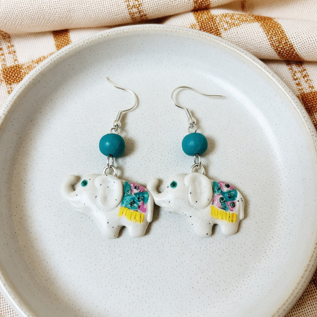 Handmade Polymer Clay White Elephant Earrings with Hand-Painted Blanket
