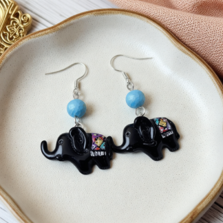 Spark Conversations with Handmade Clay Elephant Earrings – Painted Blanket Detail
