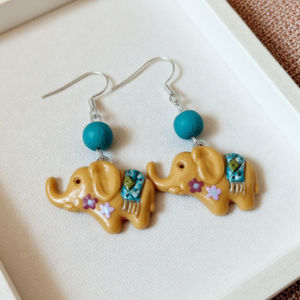 Yellow Polymer Clay Elephant Earrings With Hand Painted Blanket