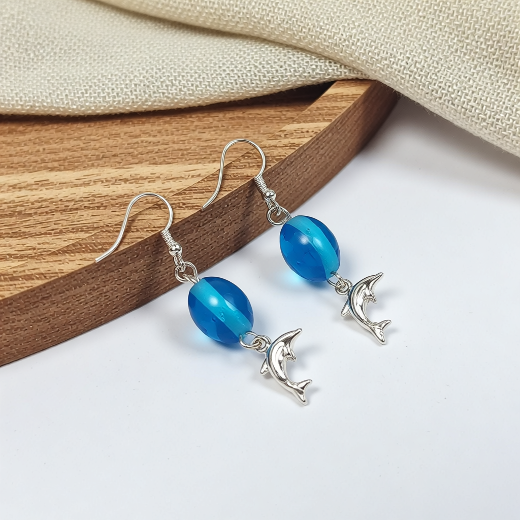 Whimsical Blue Dolphin Dangle Earrings – Handcrafted Polymer Clay & Resin