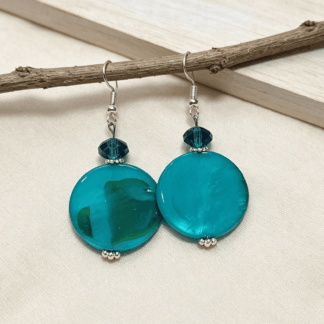 Clear Blue Ocean Disc Earrings – Handmade Shell Effect Dangle Earrings
