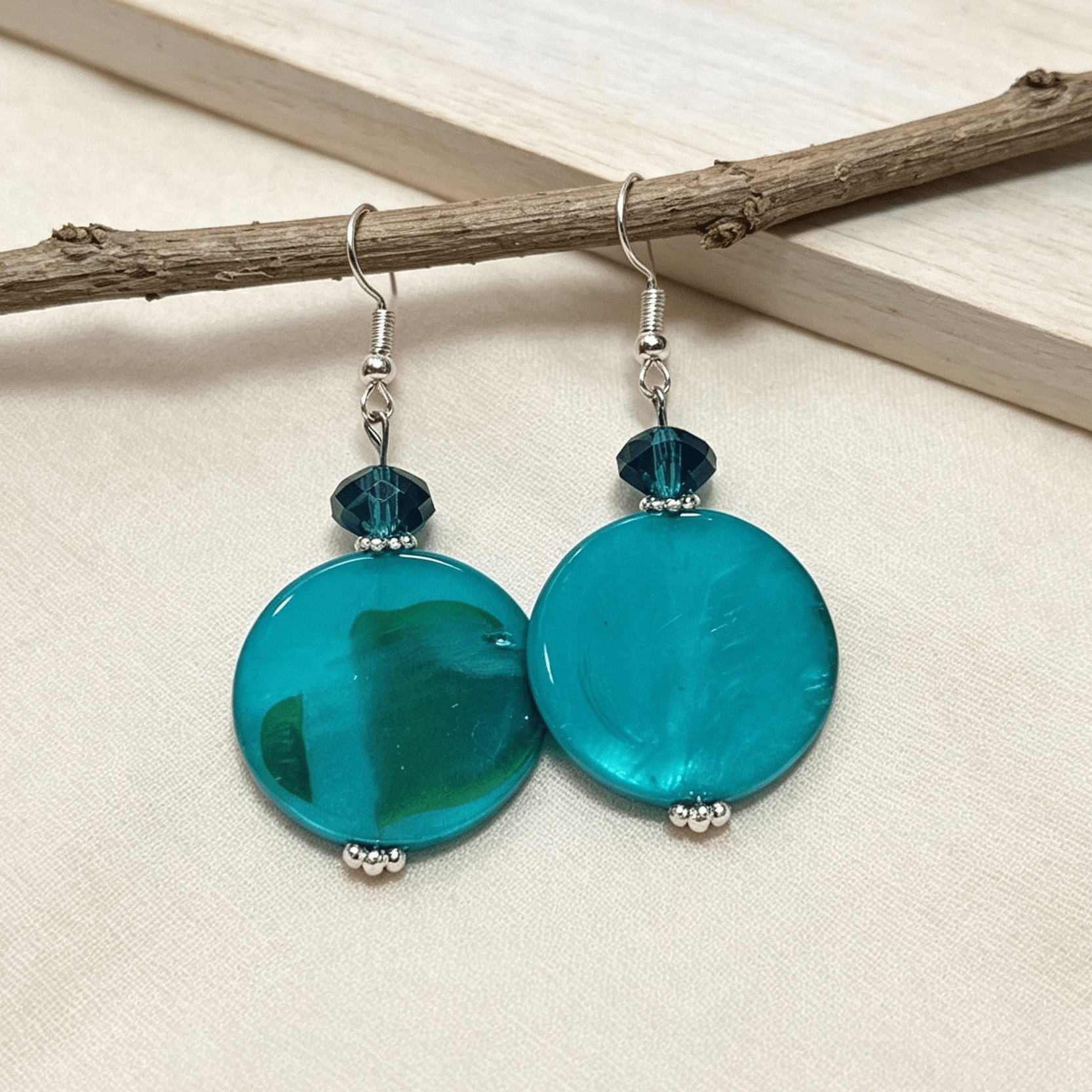 Clear Blue Ocean Disc Earrings – Handmade Shell Effect Dangle Earrings