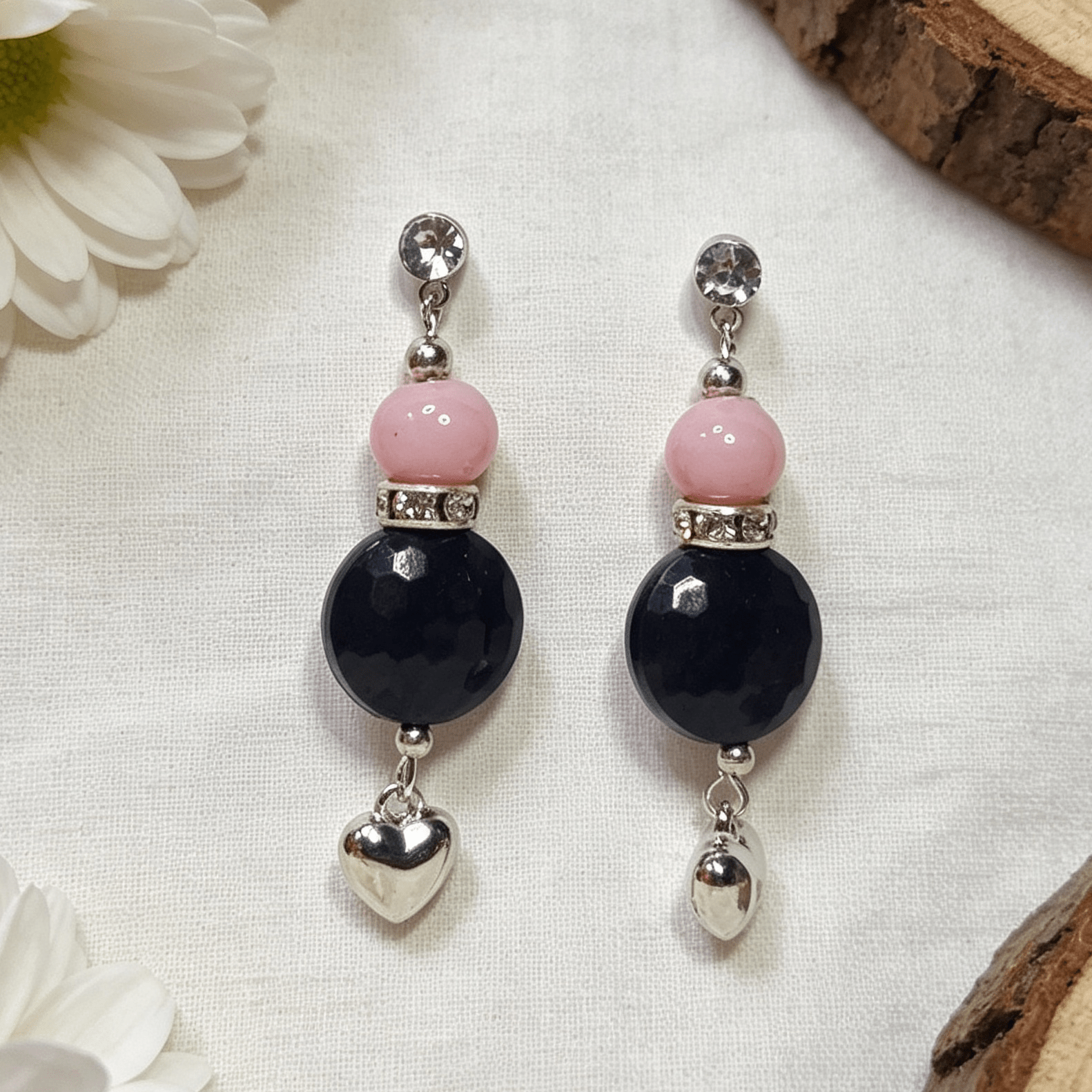 Elegant Stud Earrings with Heart Charm Pink Pearl