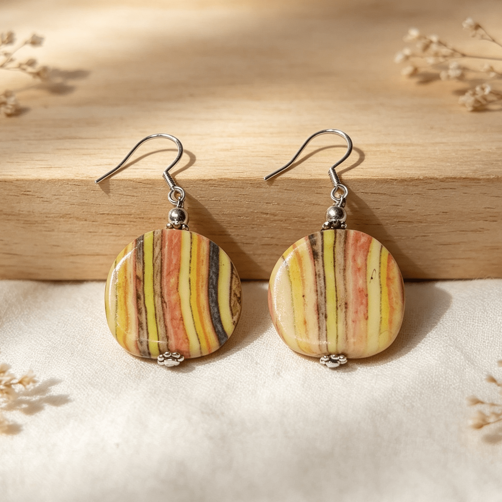 Handmade Striped Ceramic Style Disc Earrings Desert Sand