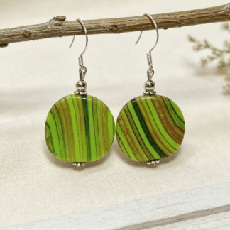 Handmade Striped Ceramic Style Disc Earrings in Green