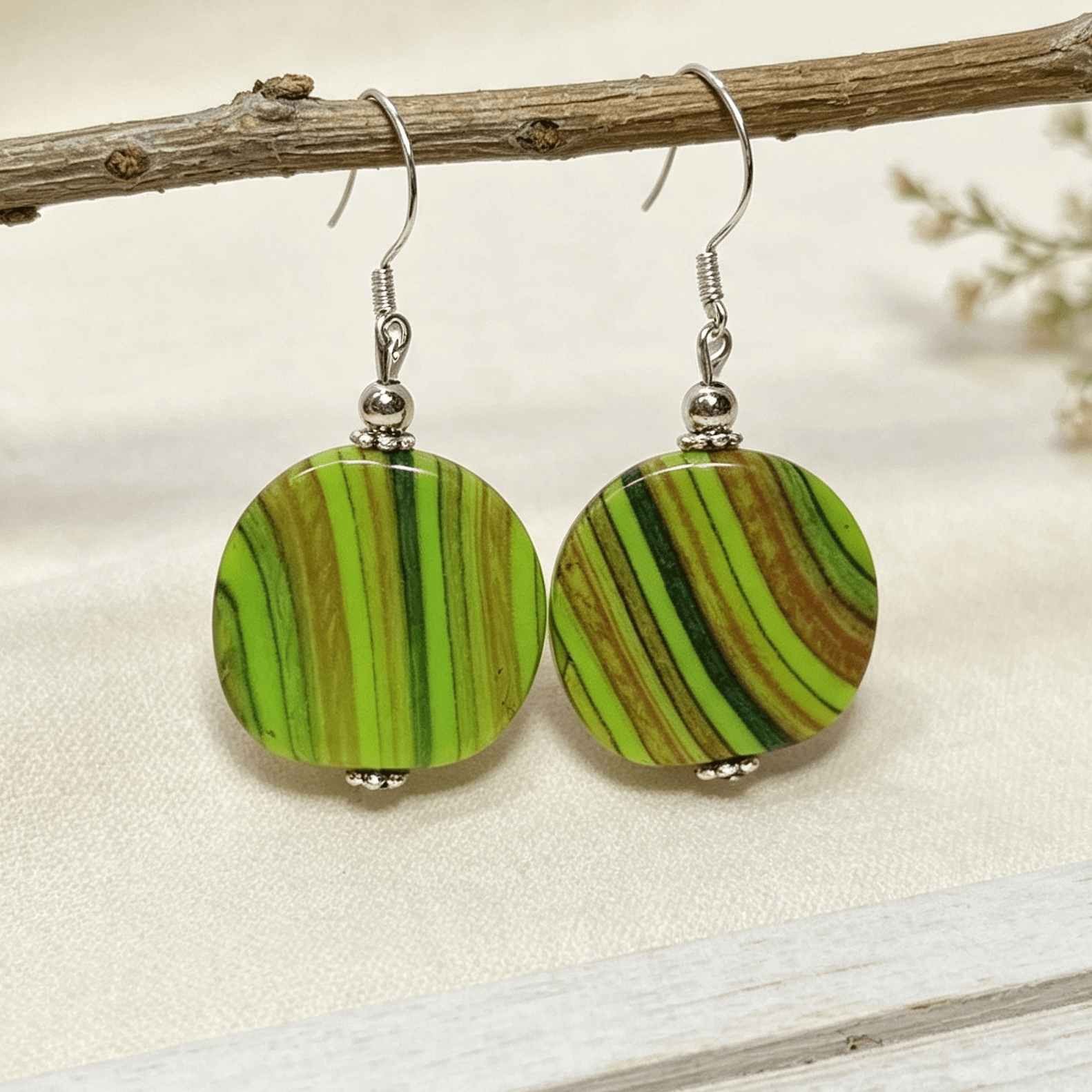 Handmade Striped Ceramic Style Disc Earrings in Green