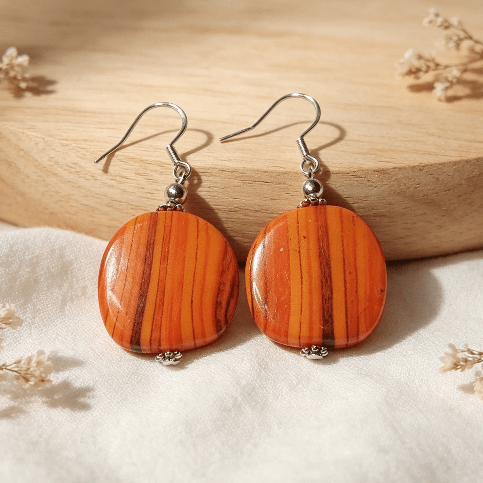 Handmade Striped Ceramic Style Disc Earrings Orange