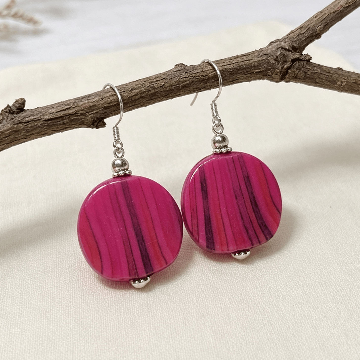Handmade Striped Ceramic Style Disc Earrings Pink