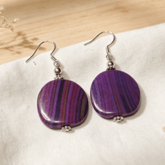 Handmade Striped Ceramic Style Disc Earrings Purple