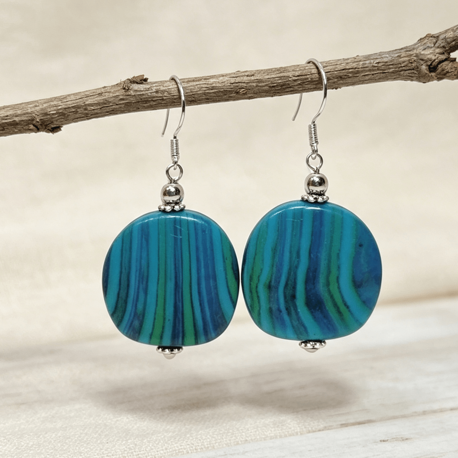 Handmade Striped Ceramic Style Disc Earrings Turquoise
