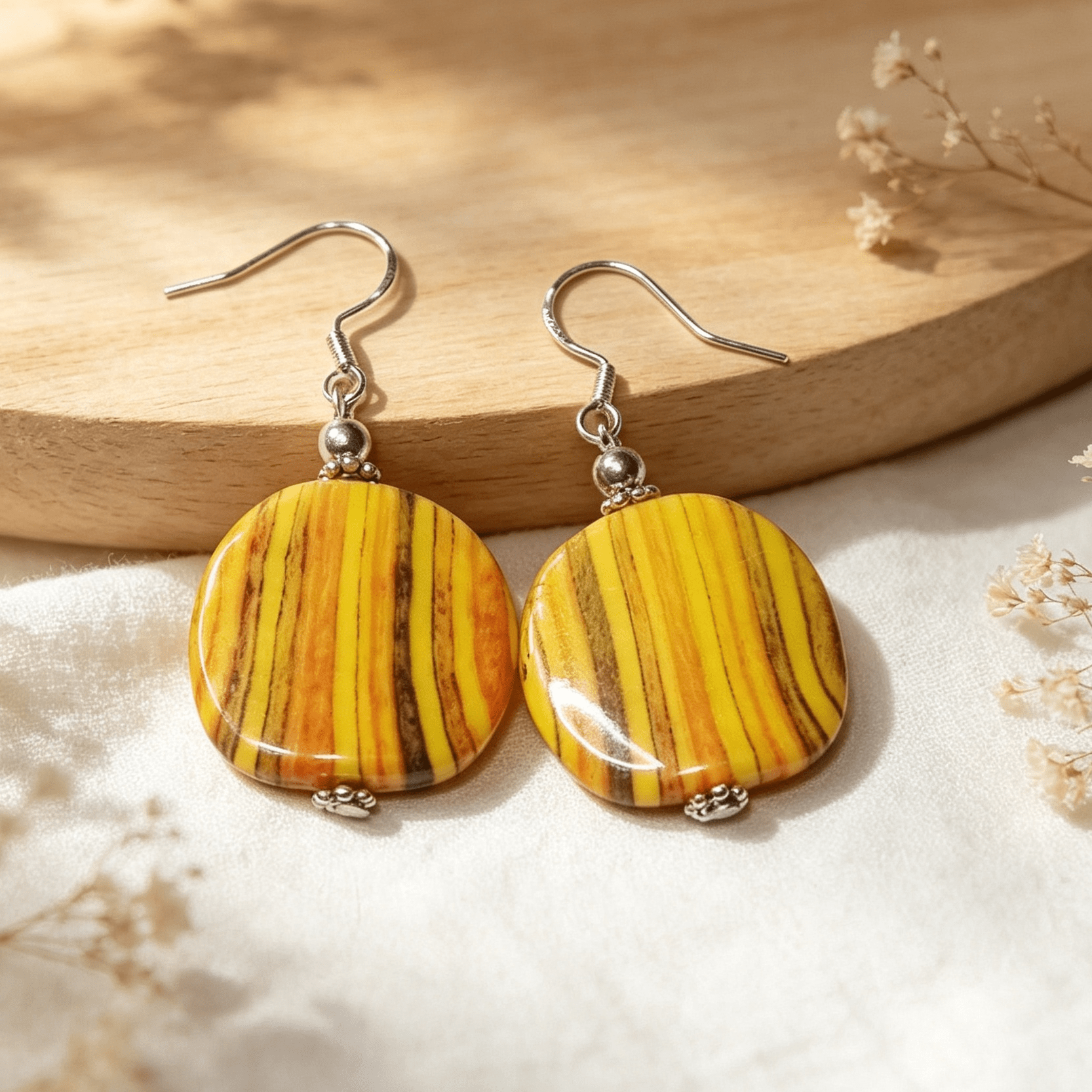 Handmade Striped Ceramic Style Disc Earrings Yellow