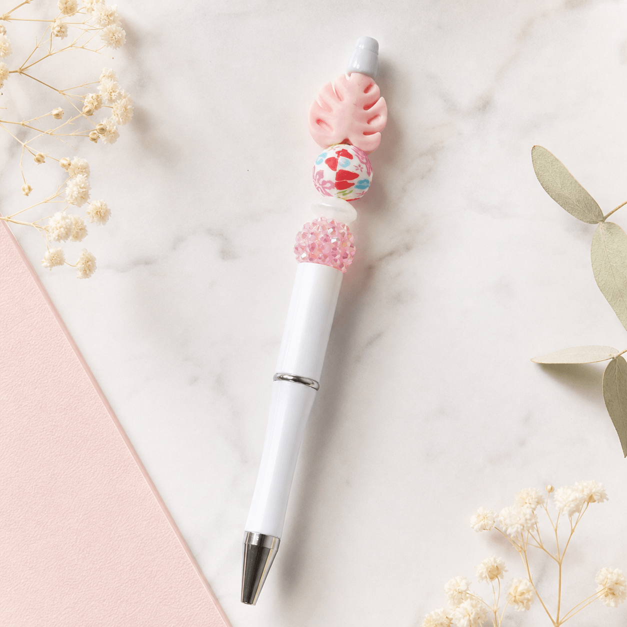 Custom Beaded Decorated Pen monstera leaf