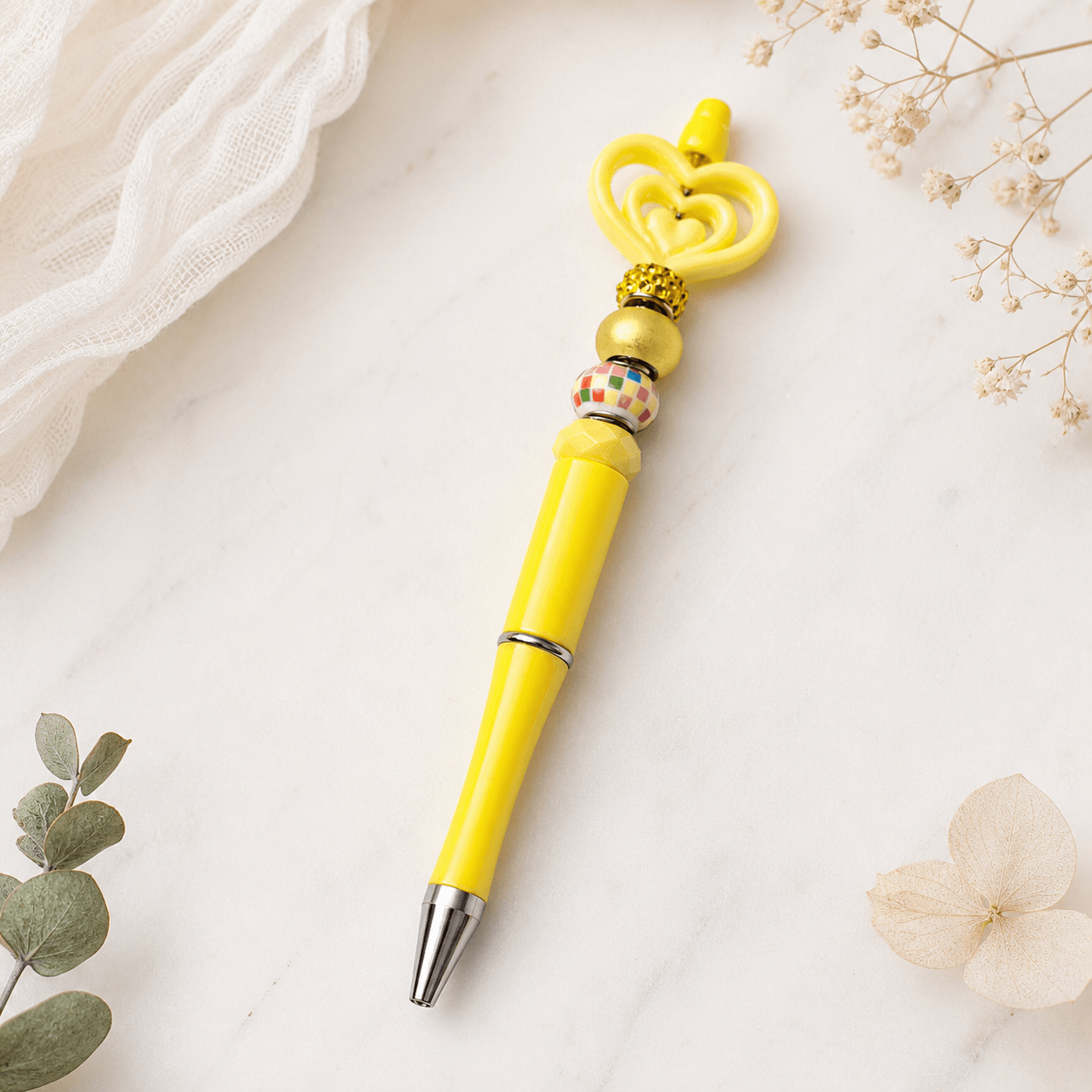 Custom Beaded Decorated Pen Yellow Love Heart