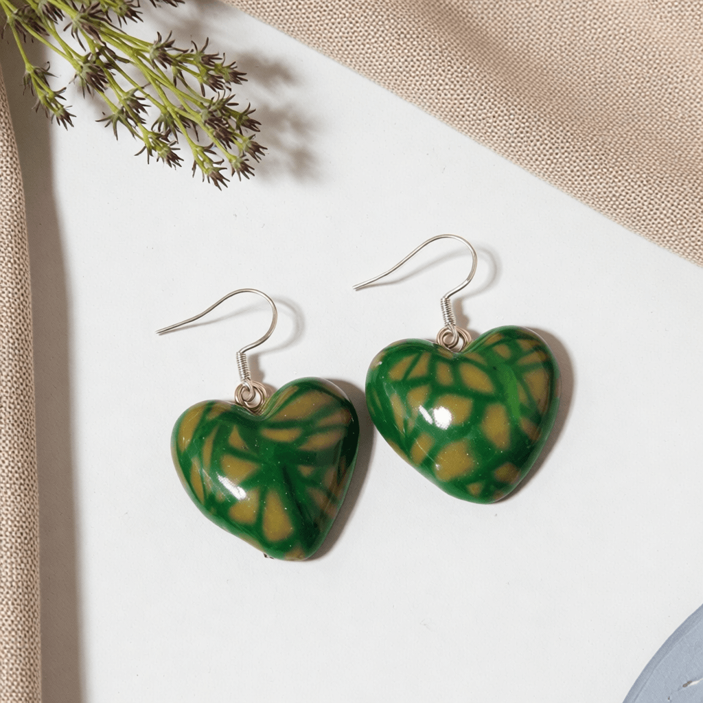 Polymer Clay Love Heart Earrings – Green